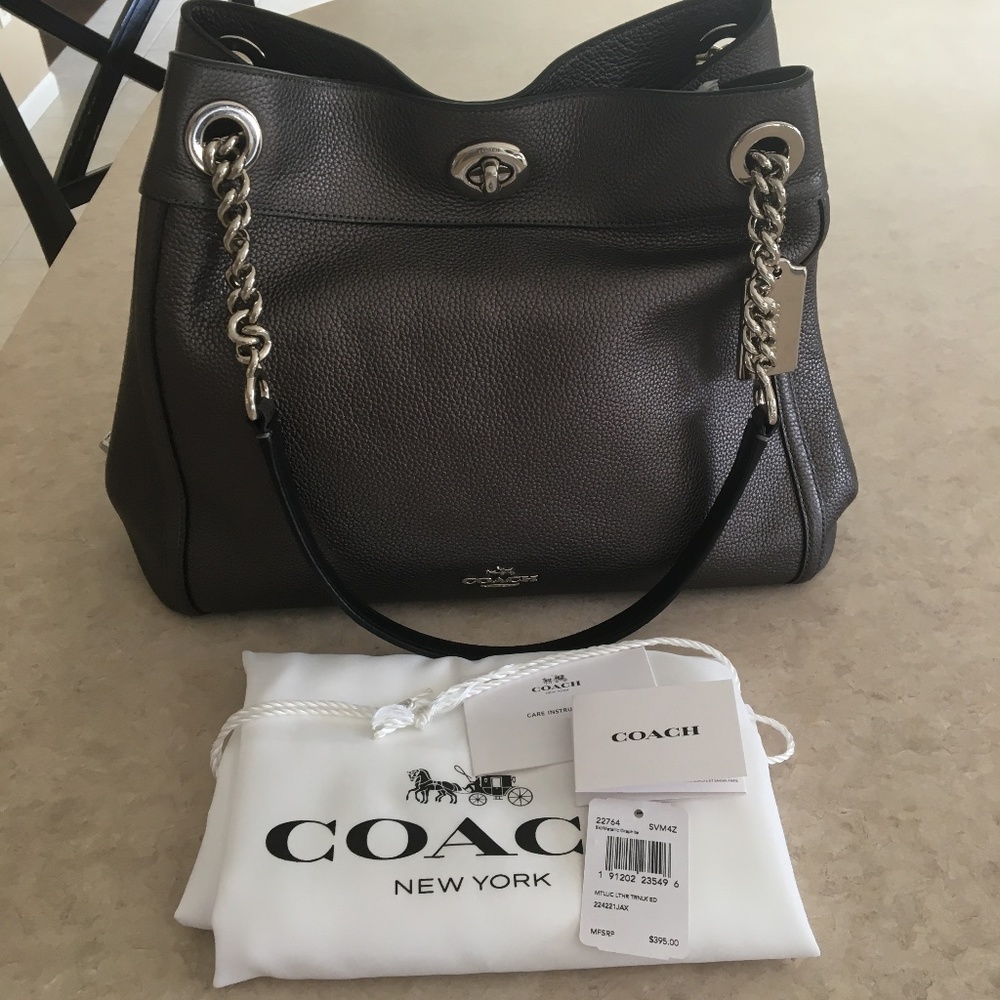 Coach Edie Metallic Graphite / Gunmetal Turnlock Hobo Shoulder Bag  *NEW*